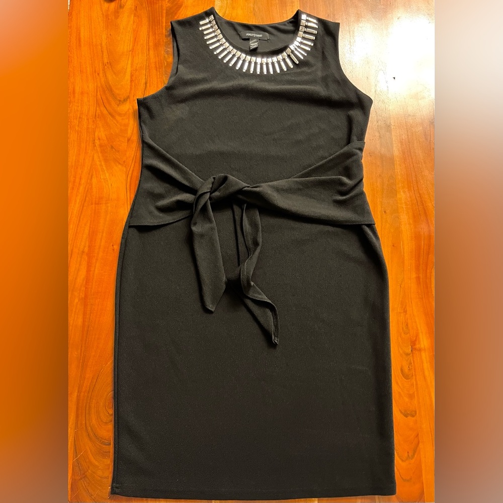 Women’s Little Black Stretchy midi Dress with silver detail and tie waist
